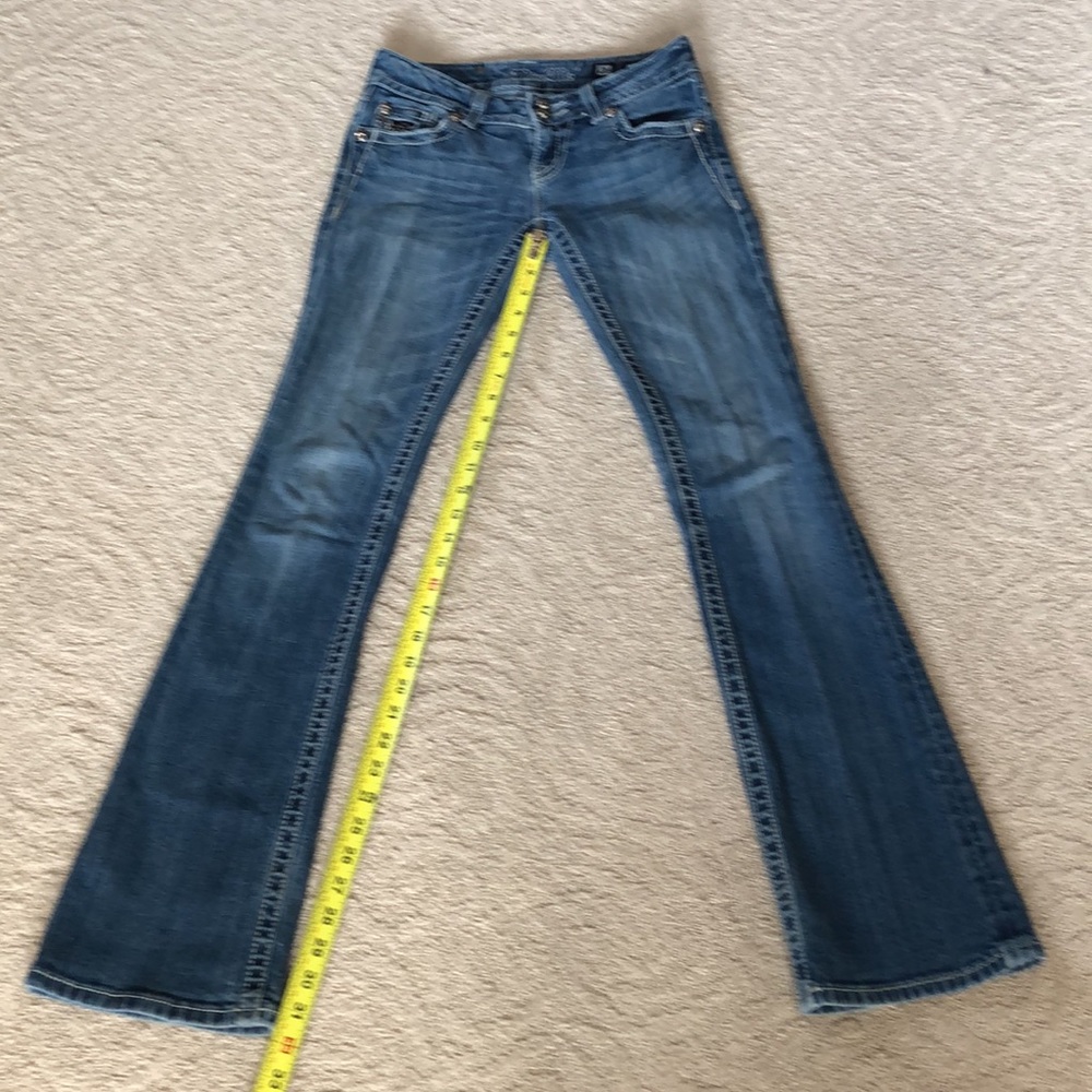Miss Me Sz 26 bootcut jeans with black lace back waistband/pocket cutouts, GUC!